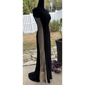 Xscape Women's Black Gold Side Mesh Beaded Long Formal Gown Dress Size 4